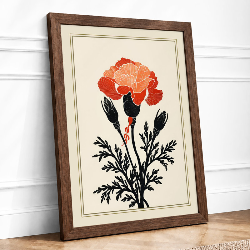 Carnation Study Botanical - Framed Print, A4 - 29.7 x 21.0 cm, Walnut