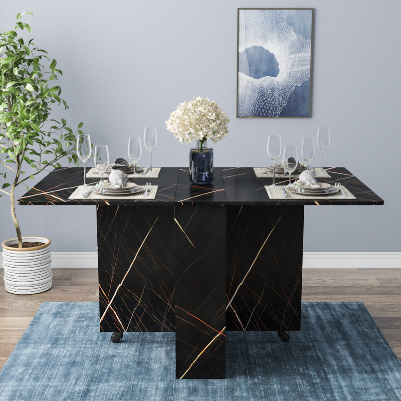 Mccorkle Foldable Kitchen Table Drop Leaf Dining Table, Black Marble