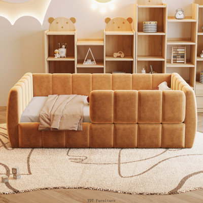 Lit rembourré pour lit de tout-petit avec garde-corps amovibles, tête de lit et pied de lit hauts pour 1-6 ans, beige