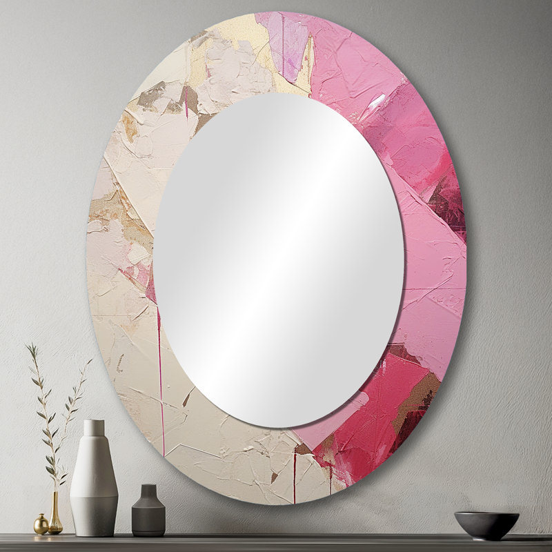 Gold And Pink Minimal Abstract River III - Beige Traditional Oval Wall Mirror, 43" x 33"