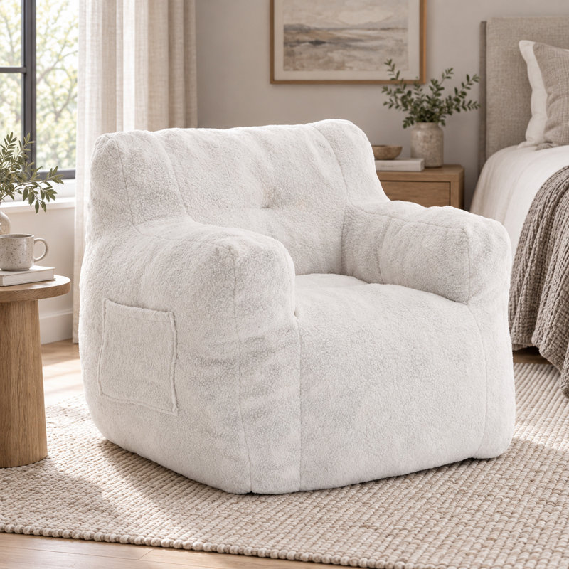 Compression 37"W Soft Teddy Adult Foam Filled Bean Bag Chairs,Ivory White, White Teddy