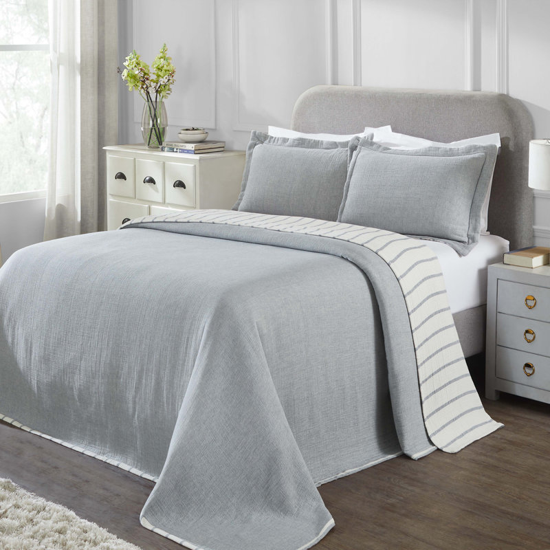 Acacia Valencia Cotton Reversible Medium Weight Matelasse Bedspread And Sham Set, Blue Striped