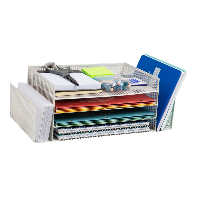 Mind Reader Desktop Organizer, File Storage, Paper Tray, Workspace, Office, Metal Mesh, 16.75"L x 9.15"W x 6"H, White