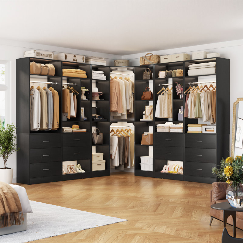 87.2" L X 87.2" W X 80" H Corner Closet System,Freestanding Closet Organizer System With 10 Drawers & 12 Shelves, Black