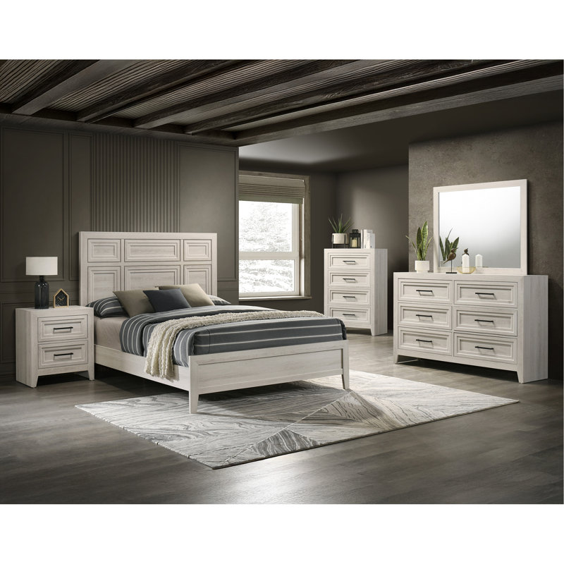 Commode contemporaine à six tiroirs avec design géométrique, finition blanc cassé pour des solutions de rangement modernes et élégantes