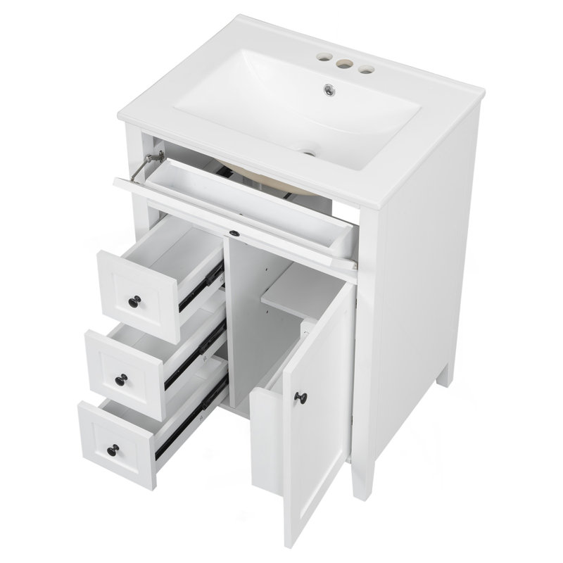 Meuble-lavabo blanc de 24 po avec lavabo, panneau de fibres à densité moyenne et fabrication en bois d'hévéa, 3 tiroirs et armoire avec tablettes réglables, conception moderne pour les petites et moyennes salles de bain