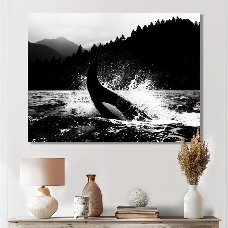Orque éclaboussant dans l'eau, monochrome, décor d'art mural bord de mer, Sans cadre, métal, H 34 po x l 44 po