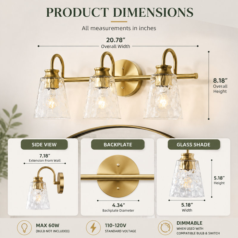 Applique murale 3 lumières pour salle de bain avec abat-jour en verre transparent pétales de cristal