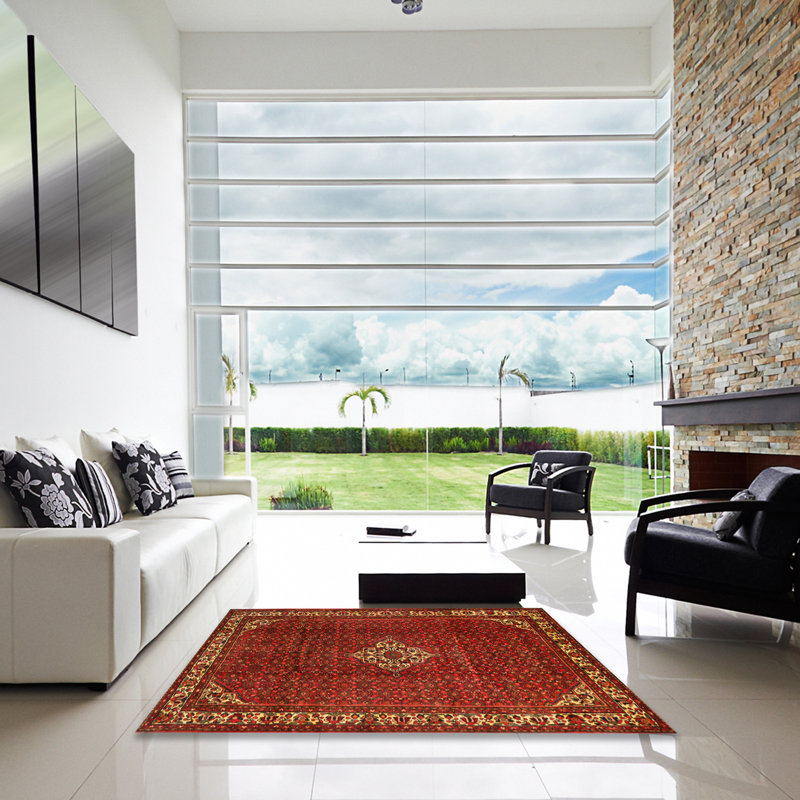 Tapis traditionnel rouge / jaune Galette, Carré 7 pi