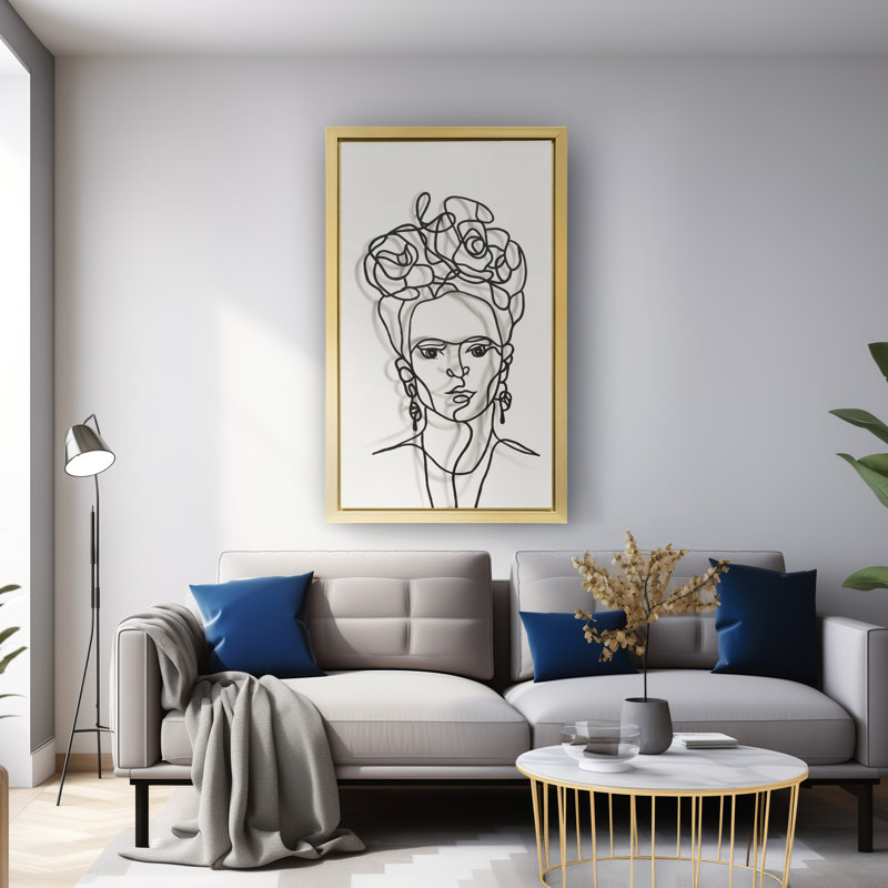 «Abstract Face Line», reproduction d'art sur toile avec cadre en bois pour la décoration intérieure - boîte d'ombre moderne, peinture pour salon - noir et blanc