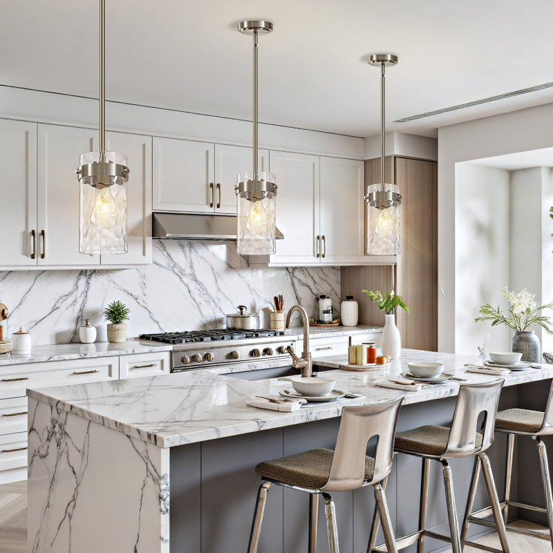 1 - Light Modern Hammered Glass Pendant Lighting With 5 Adjustable Height Rod And Tilting Ceiling Adapter Kitchen Island Pendant