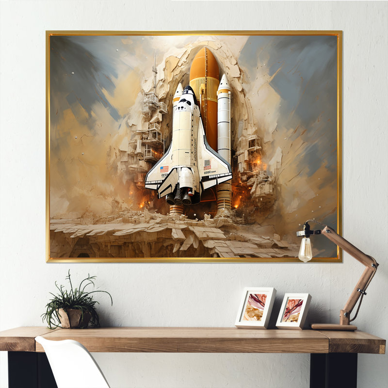 «Abstract Navette spatiale» sur toile, Cadre flottant doré, H 34 po x l 44 po x P 1,5 po