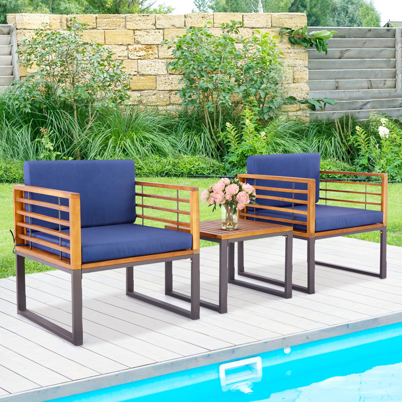 Ensemble de conversation 3 pièces en bois d'acacia de patio avec fauteuils rembourrés