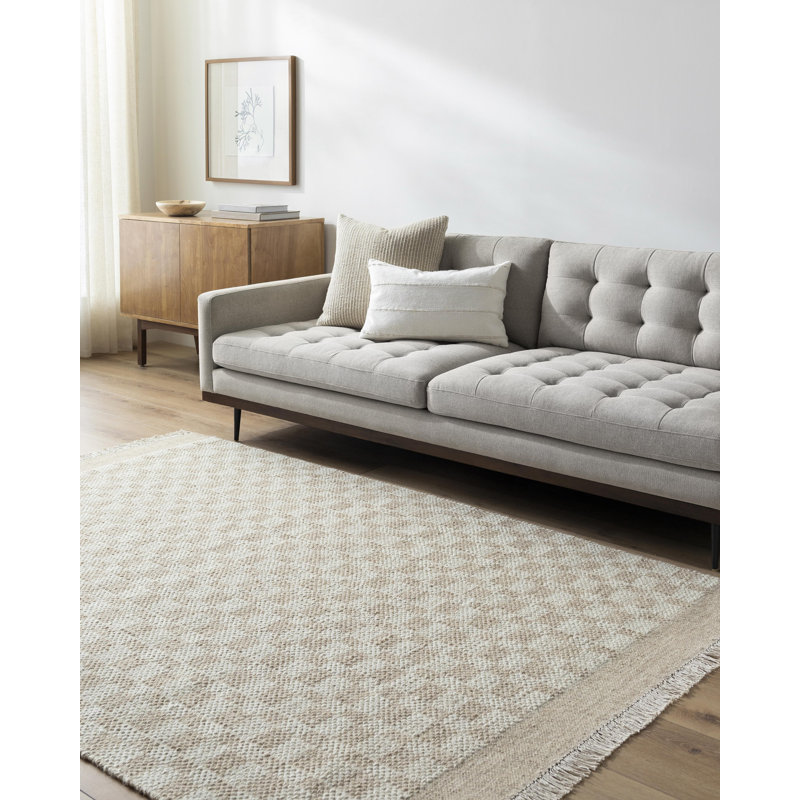 Lavande Checkered Wool Area Rug in Tan/Ivory, Rectangle 6' x 9'