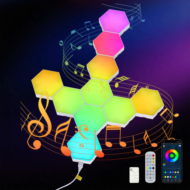 Panneaux muraux à DEL hexagonaux (paquet de 10), lumières de jeu RVB avec application, carreaux hexagonaux modulaires intelligents, formes à glissières à poussée