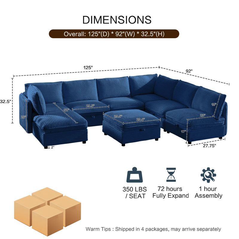 Canapé modulaire à 5 places avec rangement caché et 3 repose-pieds, Velours côtelé bleu