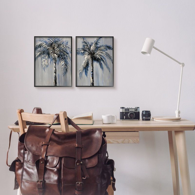 Palmiers gris modernes 2 pièces par Nan, Giclée encadrée noir minuit, H 14 po x l 22 po x P 1,5 po