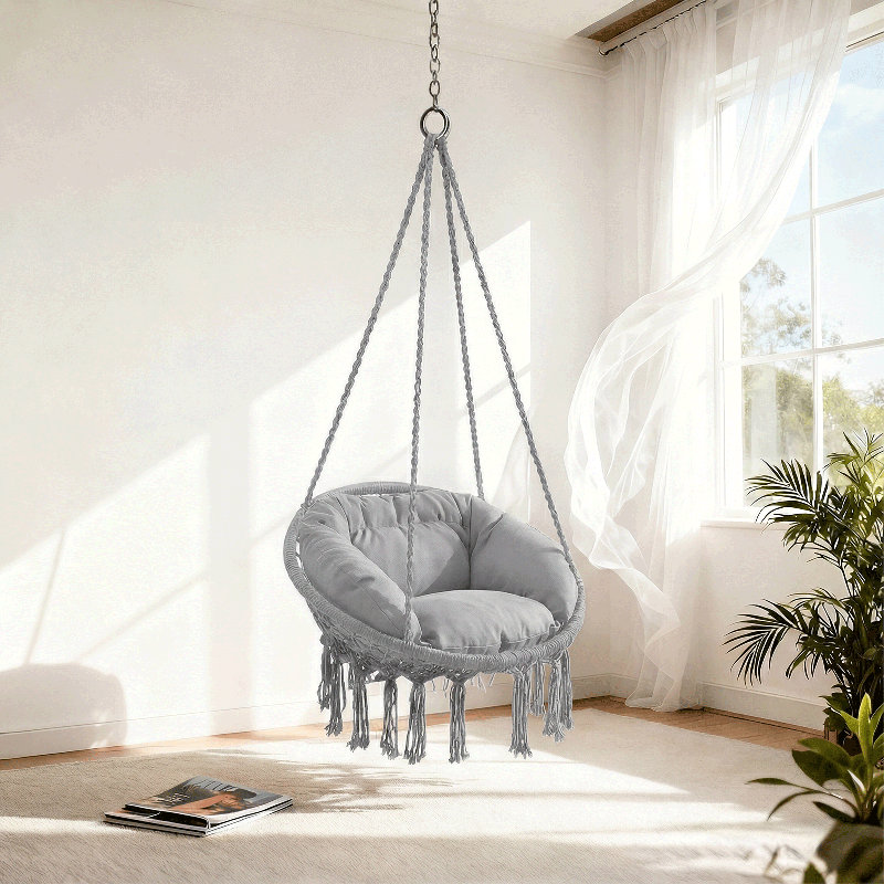 Chaise de hamac suspendue Macrame, balançoire en corde de coton pour 1 personne avec coussin et quincaillerie pour l'intérieur et l'extérieur