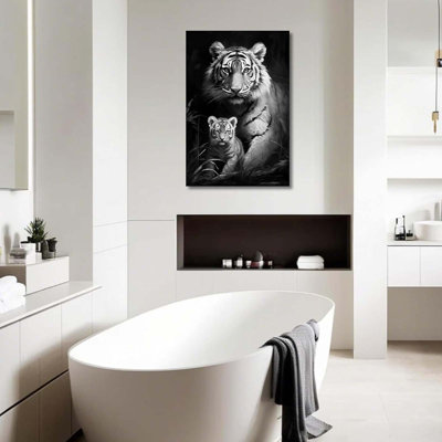 Tiger Canvas Art - Tiger Mom With Cub Picture Nursery Wall Decor Framed Painting Wild Animal Prints 12X18inch