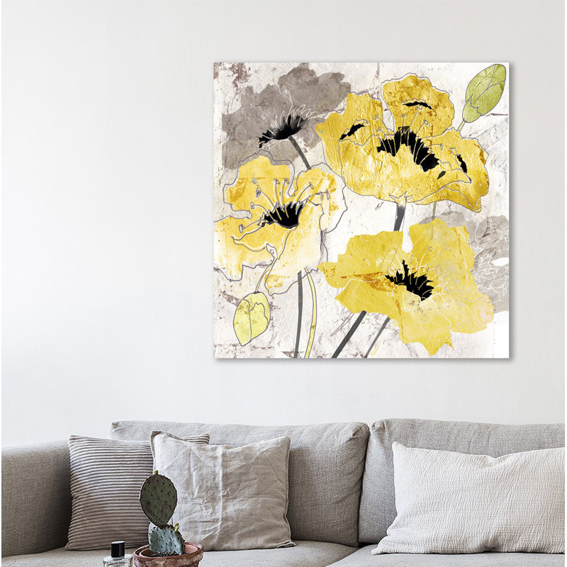 « yellow & silver pops ii », reproduction sur toile tendue, H 18 po x l 18 po