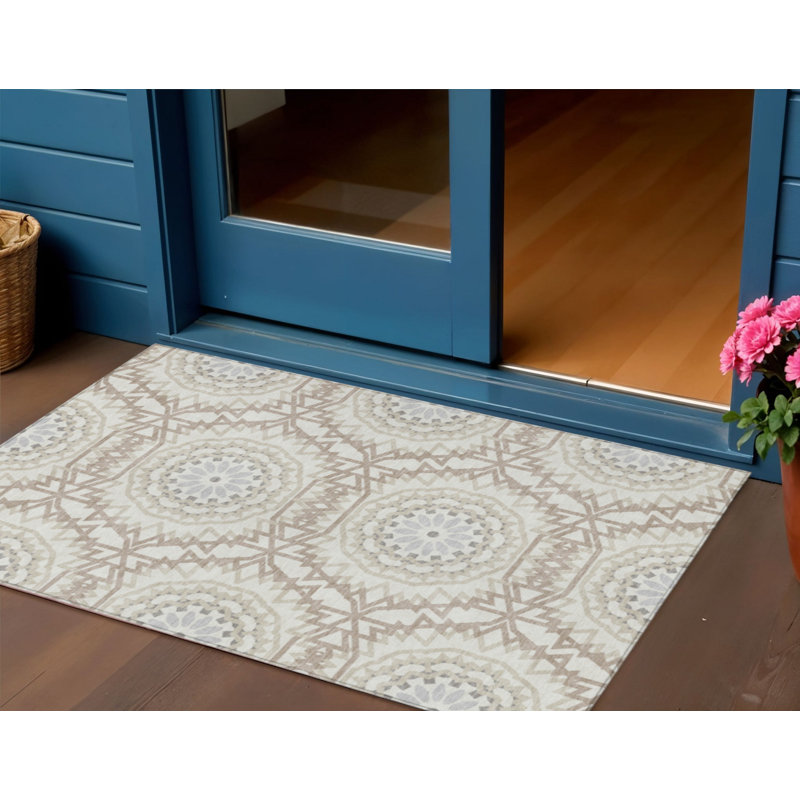 Tapis extérieur lavable à motif de médaillon ivoire beige et argent 3 pi x 5 pi