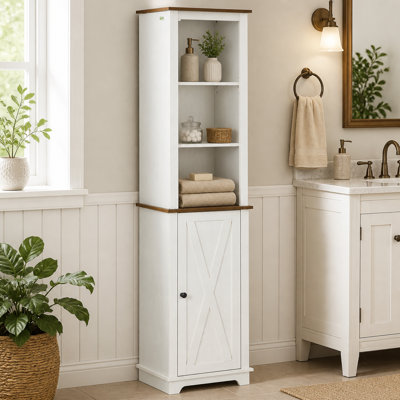 Slim Bathroom Storage Cabinet with Triple Open Shelves, Wooden Freestanding Linen Tower with Door and Shelf Adjustability, White