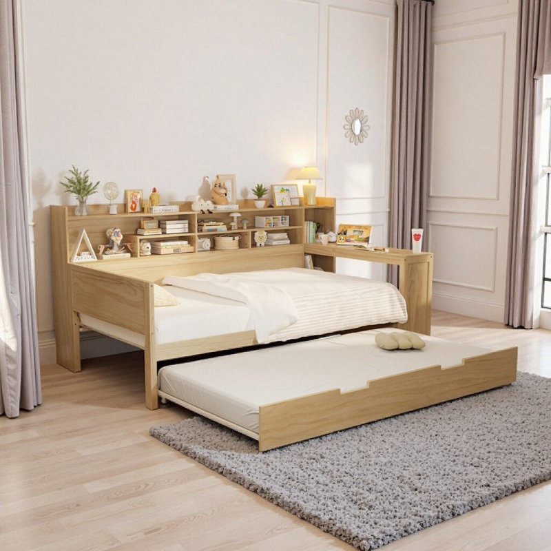 Wooden Twin Size Daybed with Trundle, Storage Shelves & Built-in Study Desk - Multifunctional Natural Finish, Natural, Twin