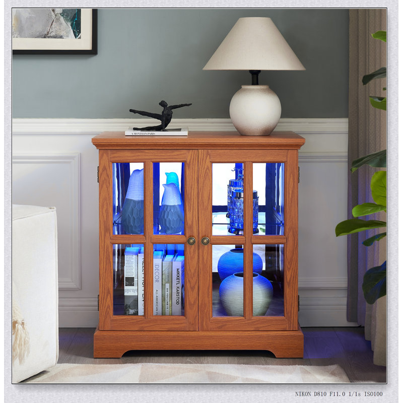 Vitrine à DEL rétro avec tablettes réglables et portes en treillis pour le décor et l'organisation de la maison, Chêne foncé