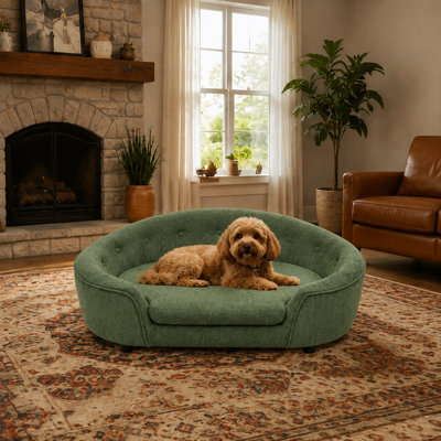 Modern Oversized Semi-Enclosed Dog Sofa with Linen Upholstery and Button-Tufted Backrest for  Home Living Areas