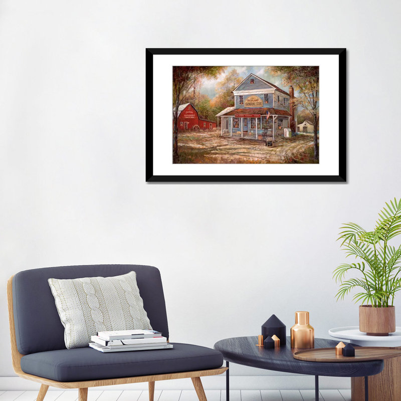 Impression sur toile tendue, "Richland General Store" par Ruane Manning, H 24 po x l 32 po x P 1 po, Papier avec cadre noir