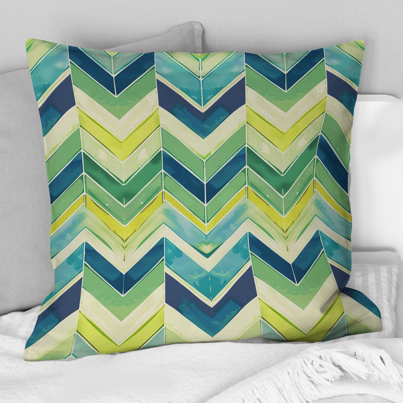 Coussin décoratif bleu à chevrons bleu et vert I, H 16 po x l 16 po