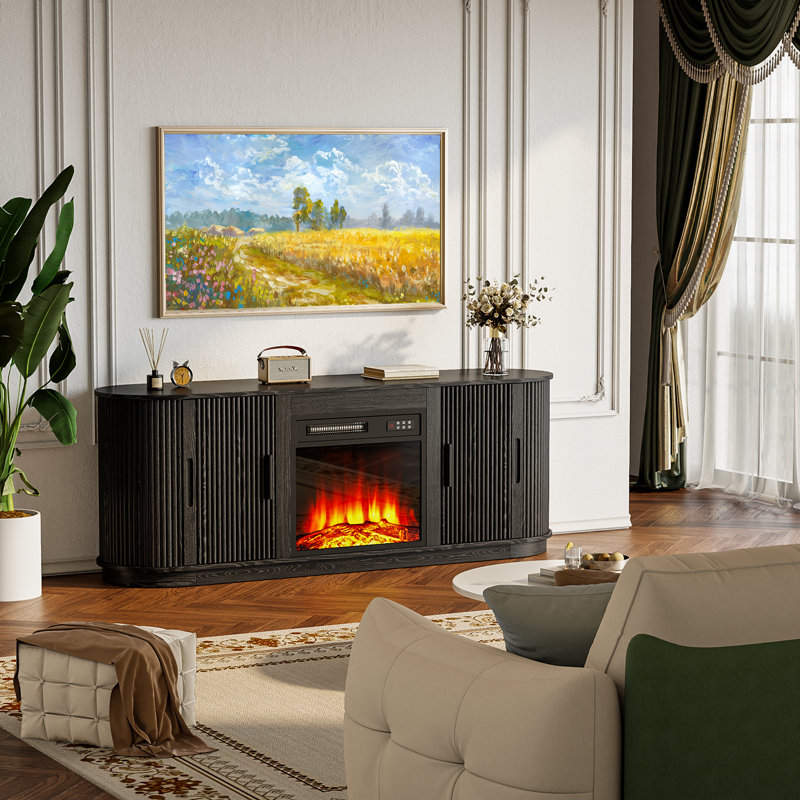 Meuble télé courbé avec foyer électrique, 23.3”H x 60”L x 15.7”W, Noir