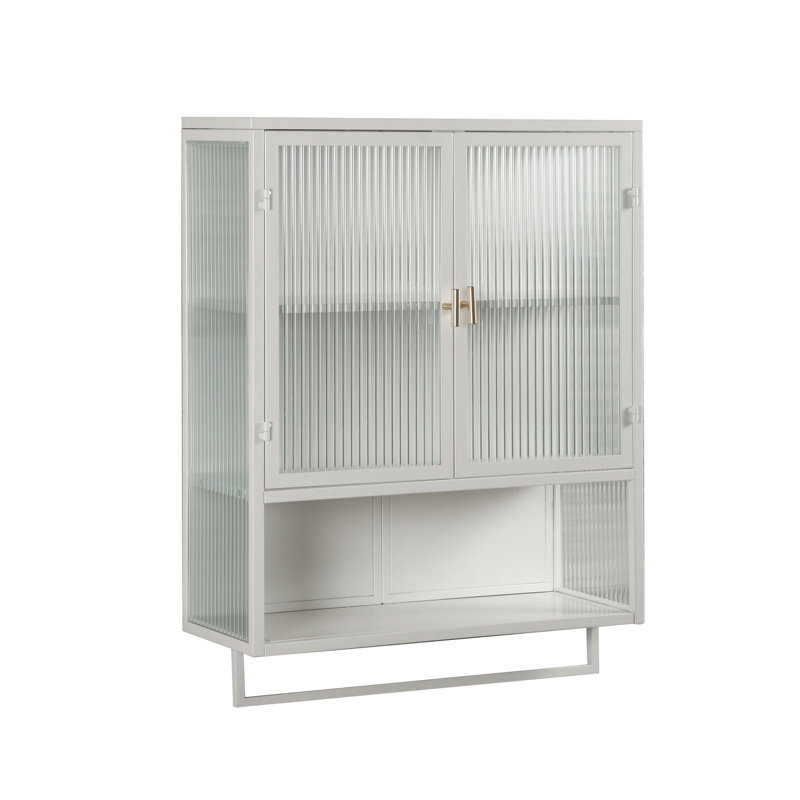 Armoire murale 23,15 po à deux portes avec portes en verre - Style moderne pour toute pièce. Rangement, tablette ouverte, porte-serviettes. Fer et verre trempé. Montée pour économiser de l'espace. Tablette amovible. Facile à assembler. Blanc