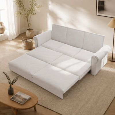 Sofa,93.7" King Pull Out Sofa Bed,3-in-1 Velvet Convertible Sleeper Sofa with Nailhead Trim & Rolled Arm,Multi-Functional Sofa Bed for Living Room,Bedroom,Beige/White