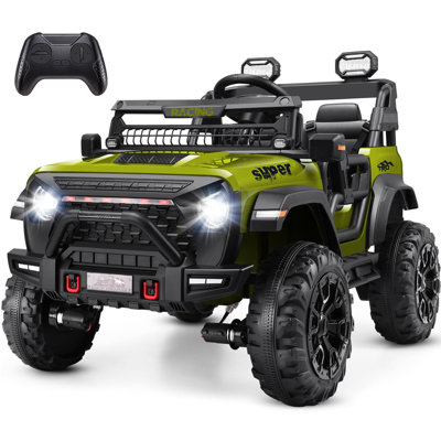 Voiture 4 x 4 roues motrices Alex / 2 roues motrices avec télécommande, vrai camion électrique 2 places pour enfants, moteur 4 x 100 W, phares à DEL, lecteur de musique, siège large de 20 po, jouet pour enfants, vert