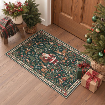 Tapis de salon lavable à poils courts, motif d'animaux de Noël Père Noël et rennes, vert et rouge