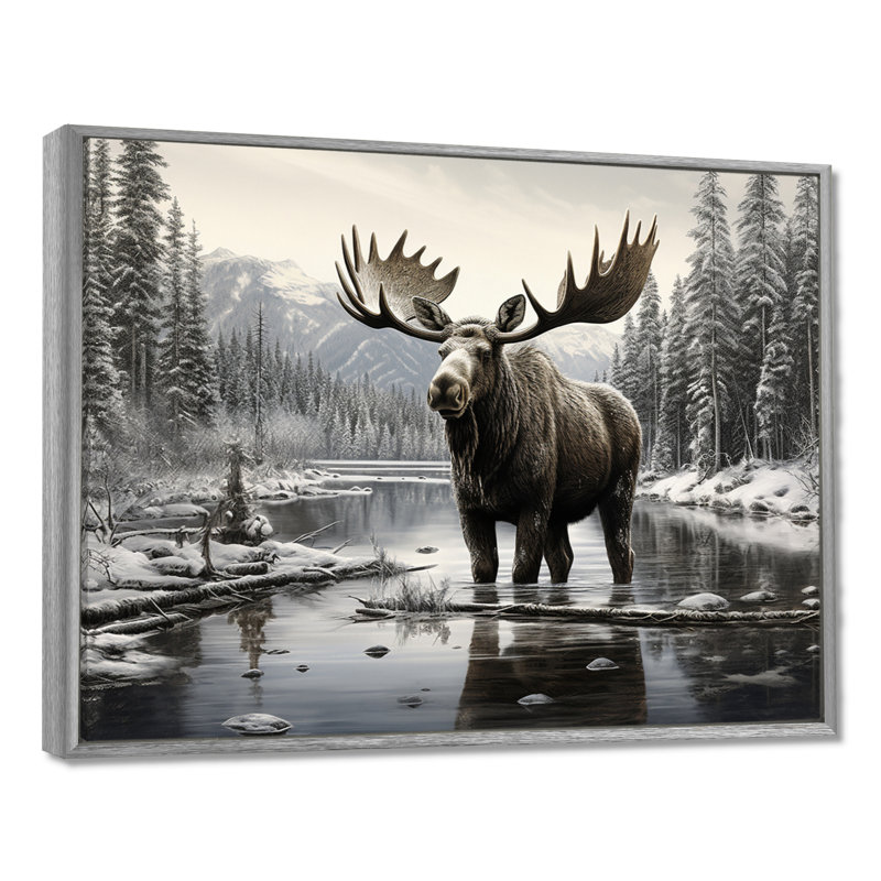 Orignal brun et blanc Winter Majesty - art mural orignal pour le salon, H 30 po x l 40 po, Reproduction avec cadre flottant