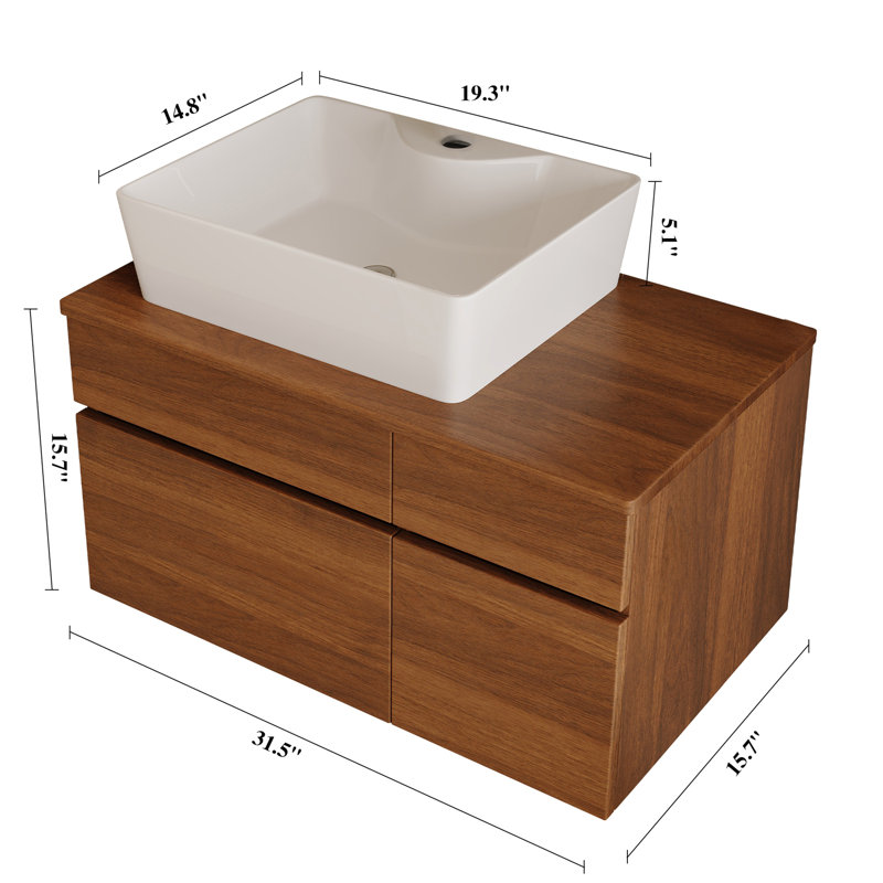 Meuble-lavabo flottant compact 31,5 pouces avec lavabo élégant, Noyer
