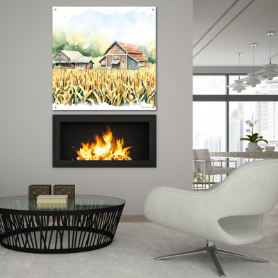 Art mural en verre acrylique 36 po x 36 po «Countryside Autumn Barn 5» par Nicole DeCamp
