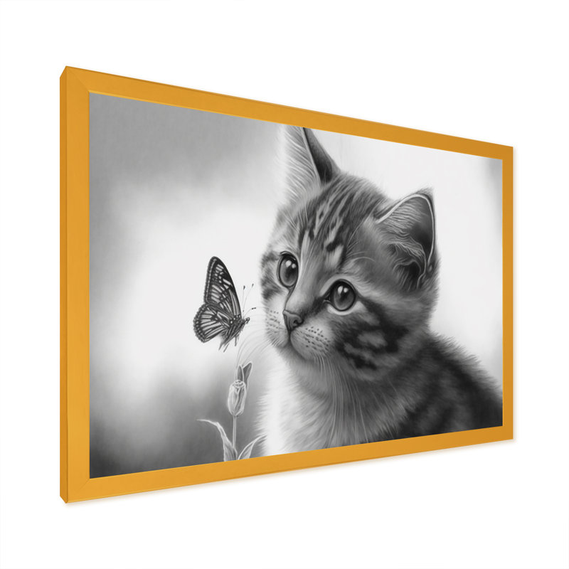 Art numérique sur toile, "Petit chaton avec papillon I", H 16 po x l 32 po x P 1 po, Impression dorée sur toile encadrée