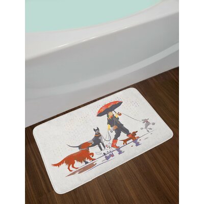 Young Girl Taking Pack of Dog for a Walk in the Rain Fun Joyful Times Artsy Print Non-Slip Plush Bath Rug -  Ambesonne, bath_14790