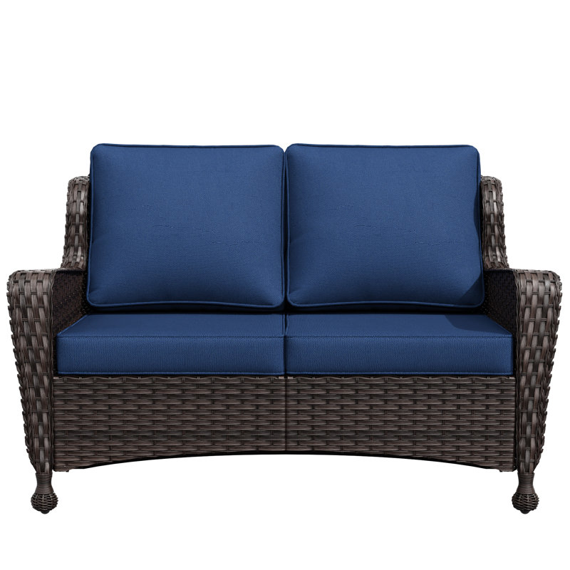 Outdoor Patio Rattan Loveseat With Cushions, Blue
