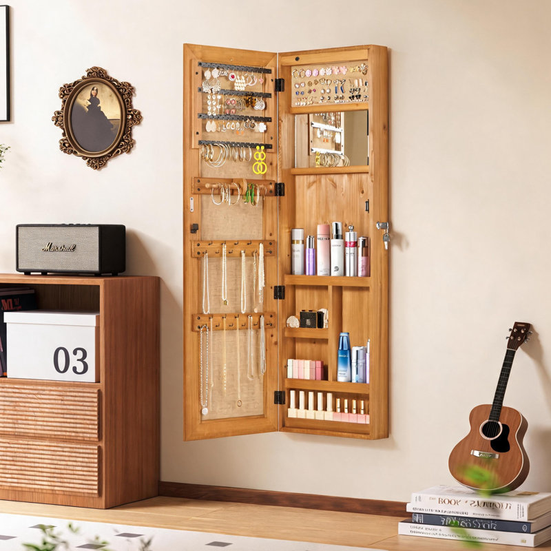 Armoire à bijoux murale avec miroir pleine longueur, armoire de rangement verrouillable en bois massif avec lumière DEL, armoire de rangement avec miroir 47,5 po