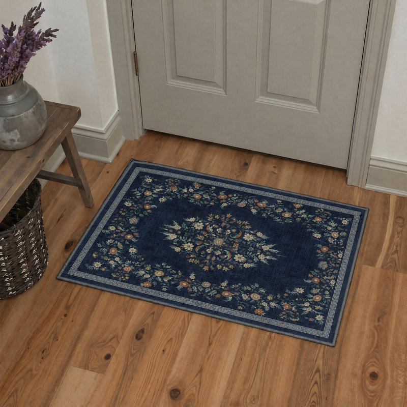 Tapis bleu rétro à motif floral lavable à la machine, tapis antidérapant traditionnel pour chambre à coucher