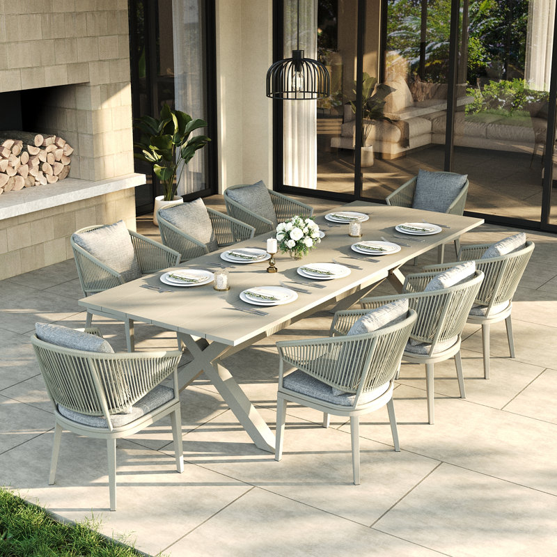 Ensemble repas extérieur pour 8 personnes avec coussins 8 personnes, Light Gray Cushion/White Frame, 8