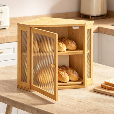 Boîte à pain en bambou pour comptoir de cuisine, rangement à pain en bois à 2 niveaux avec porte en verre acrylique