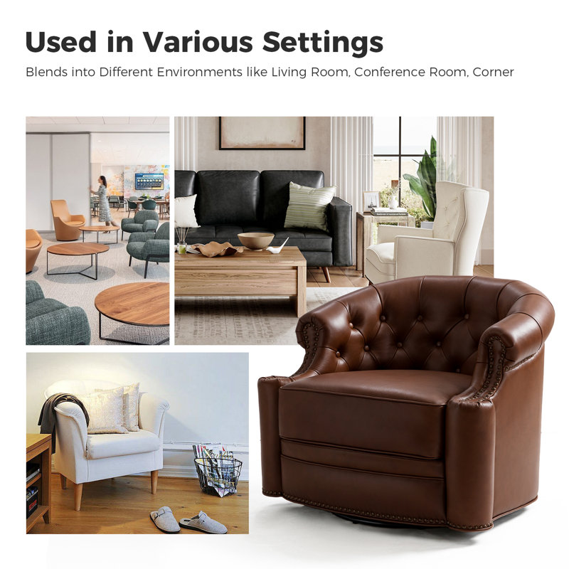 Tinsleigh 31.5" Wide Genuine Leather Swivel Chair (Set of 2), Brown Genuine Leather