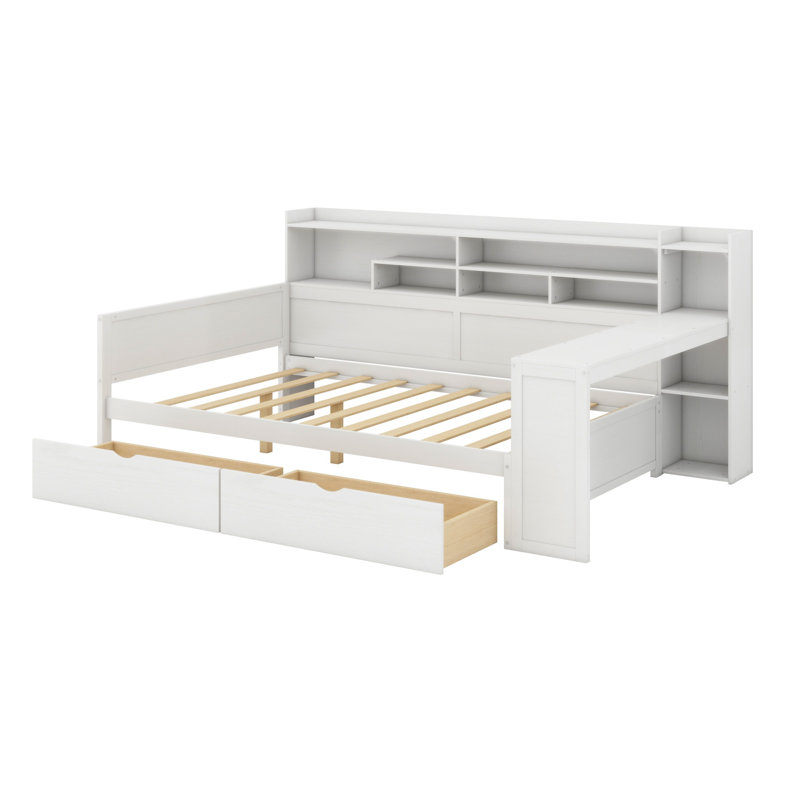Wooden Daybed With Storage Shelves,Two Storage Drawers And Study Desk, Antique White