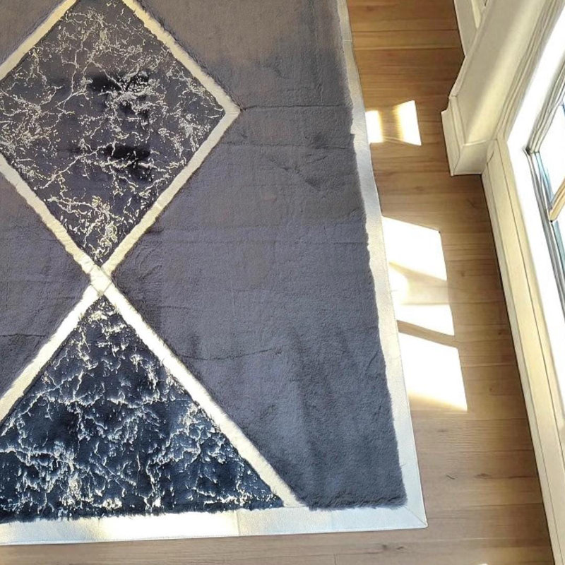Tapis gris moelleux fait à la main avec centre losanges pour salon moderne, Rectangle 9 pi 6 po x 13 pi 6 po