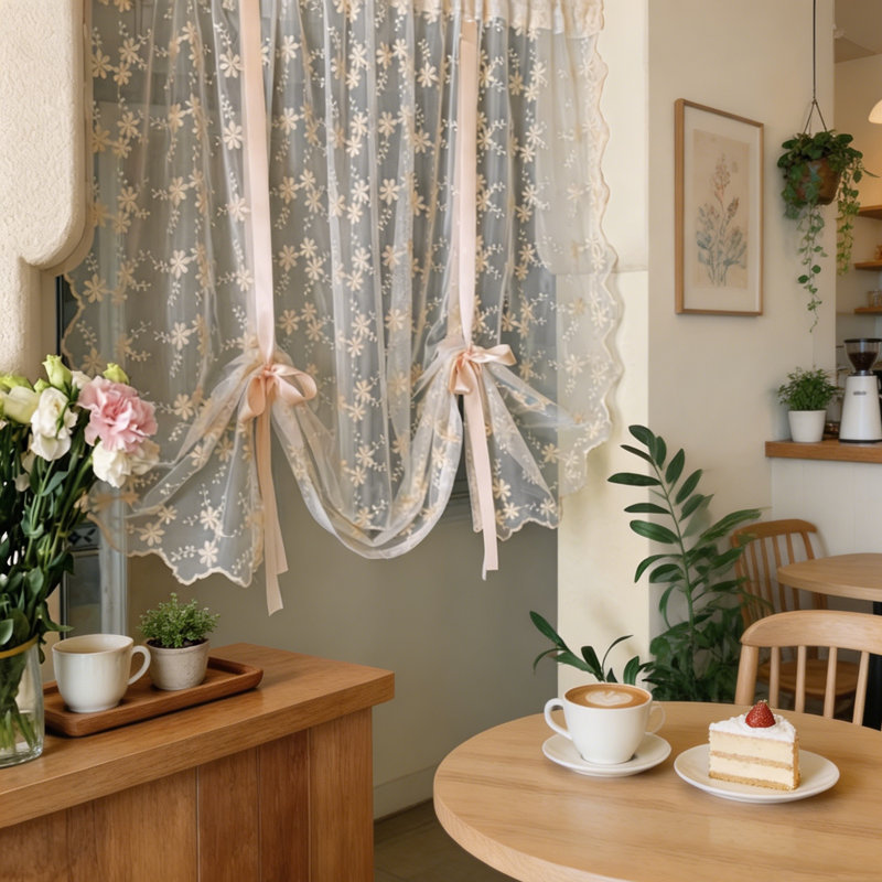 Floral Embroidered  Lace Sheer Curtain, 1 Panel Light Filtering Self-Adhesive Bowknot Tie-Up Sheer Curtain for Small Windows & Wedding Decor